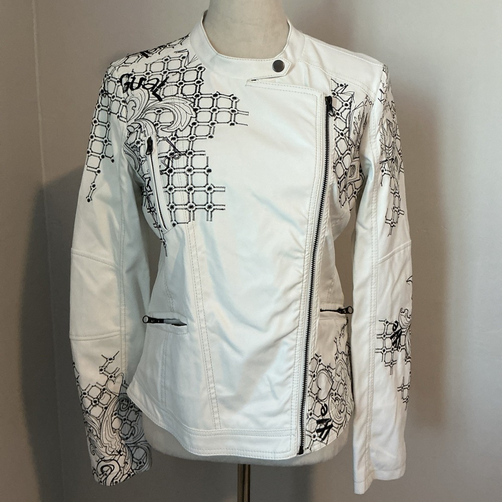 Vintage Womens Moto Faux Leather Desigual Chic White Artsy Jacket Sz40β US M/8